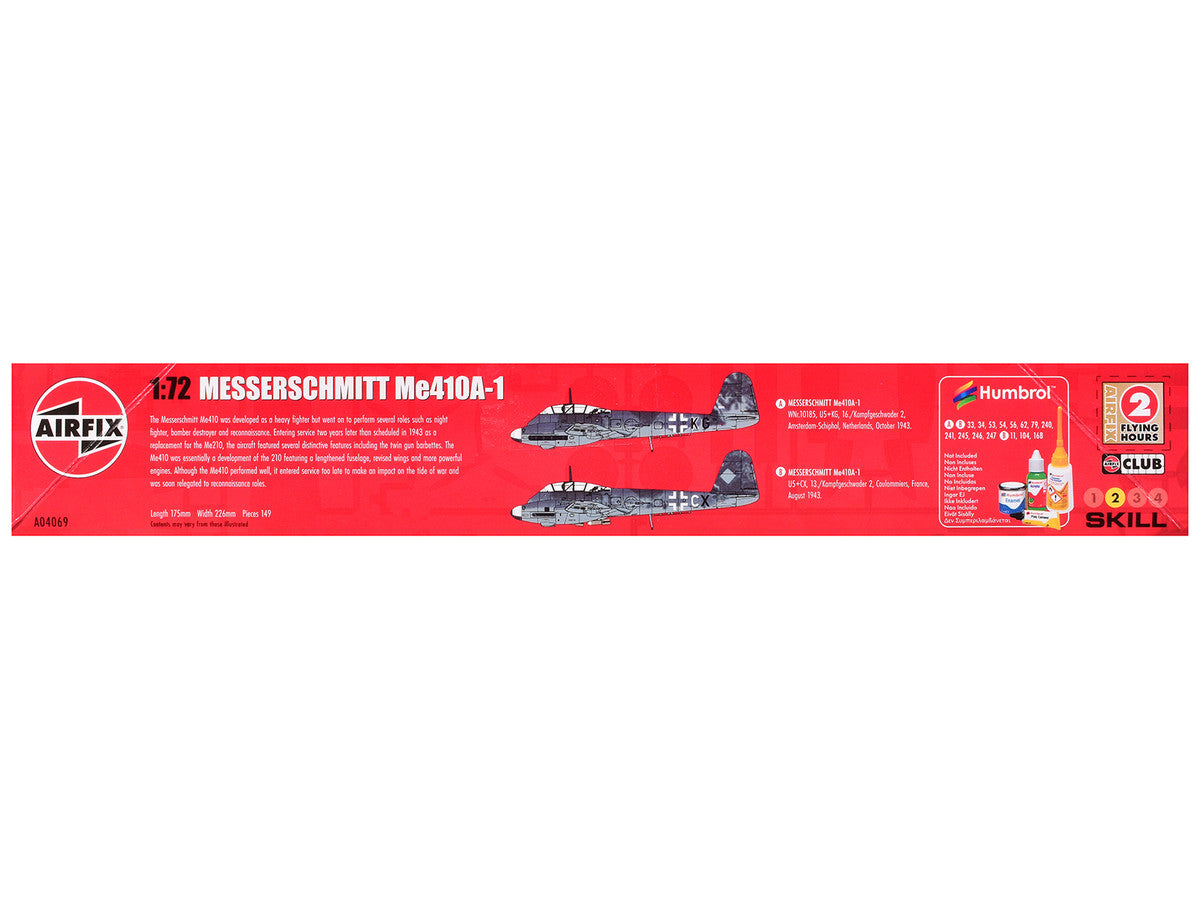 Level 2 Model Kit Messerschmitt Me410A-1 Fighter Aircraft with 2 Scheme Options 1/72 Plastic Model Kit by Airfix