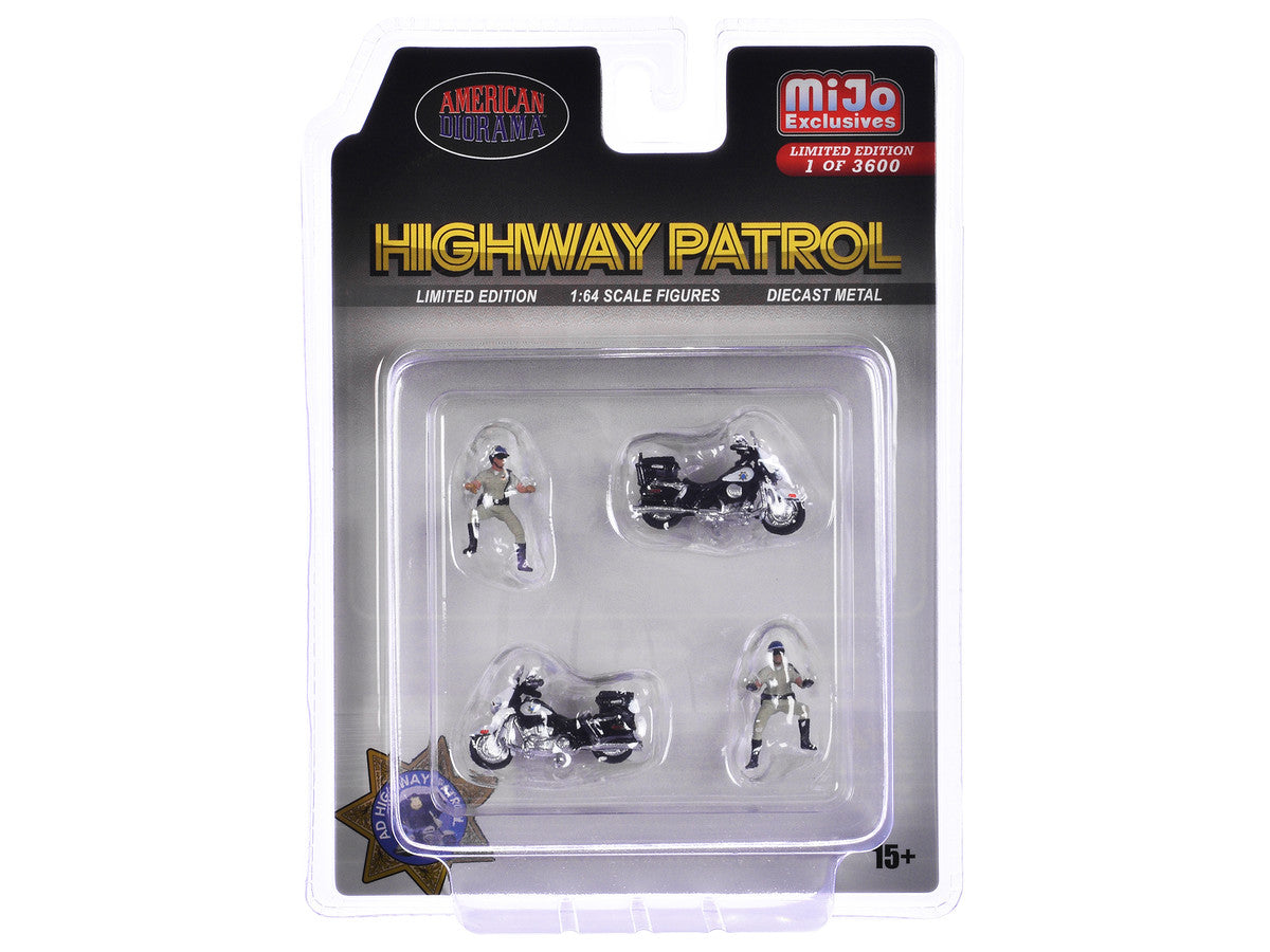 "Highway Patrol" 4 piece Diecast Figure Set (2 Figures 2 Motorcycles) Limited Edition to 3600 pieces Worldwide for 1/64 Scale Models by American Diorama