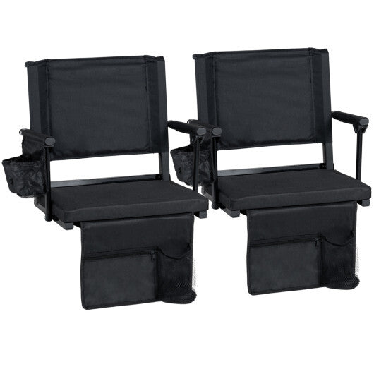 Set of 2 Folding Stadium Seat with Cup Holders and Pockets-Black