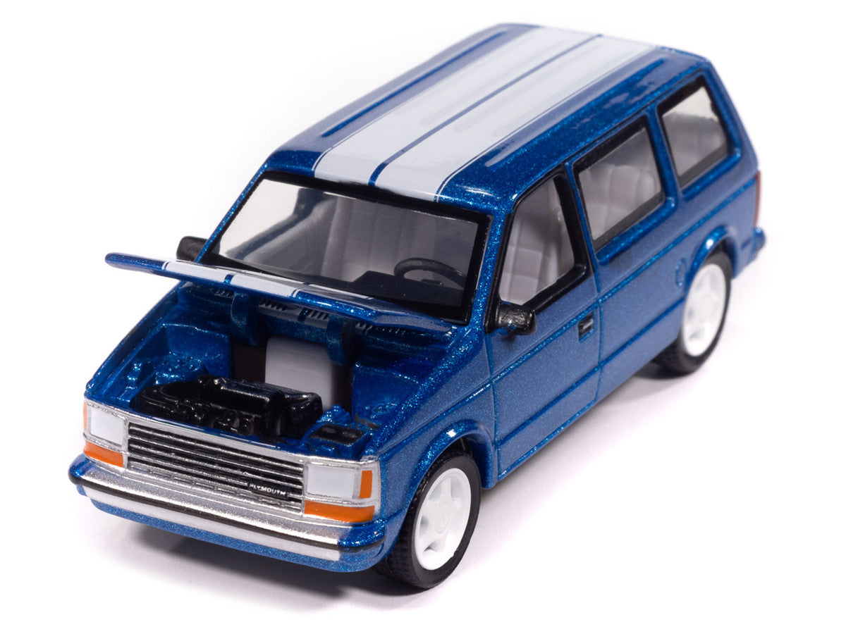 1989 Plymouth Voyager Turbo Van Daytona Blue Metallic with White Stripes and Interior "Mighty Minivans" Series 1/64 Diecast Model Car by Auto World