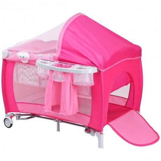 Foldable Baby Crib Playpen with Mosquito Net and Bag-Blue