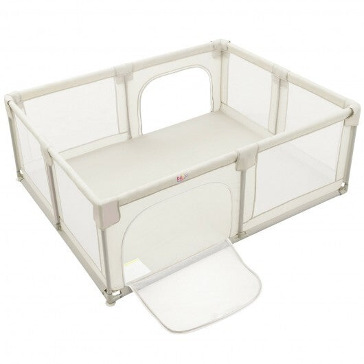 75 x 59 Inch Large Baby Playpen with Breathable Mesh and Zipper Doors-Gray