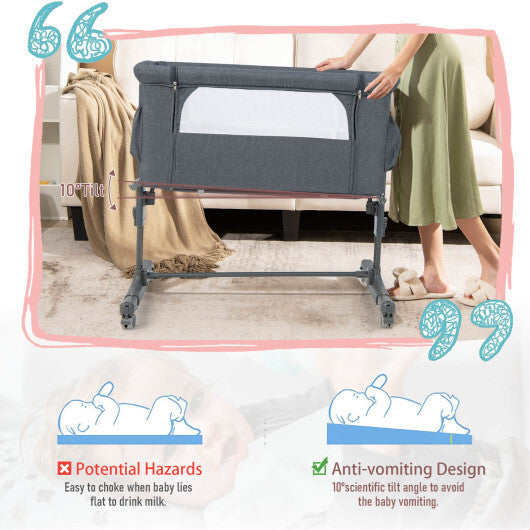 Portable Baby Bedside Bassinet with 5-level Adjustable Heights and Travel Bag-Gray - Color: Gray