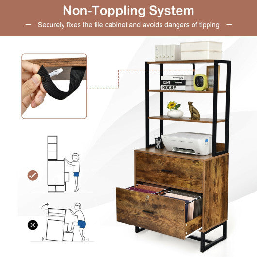 Letter Size Lateral File Cabinet with Lock and Bookshelf-Rustic Brown - Color: Rustic Brown