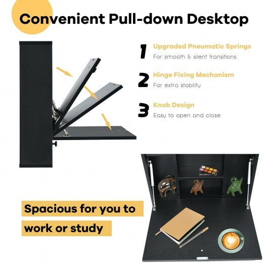 Wall-Mount Floating Desk Foldable Space Saving Laptop Workstation Black - Color: Black