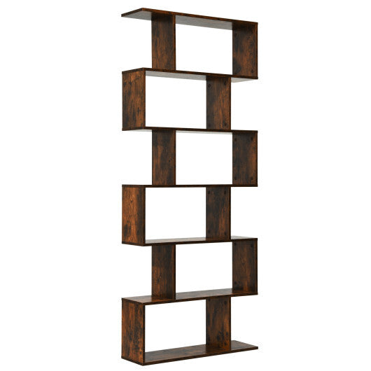 6 Tier S-Shaped Bookshelf Storage Display Bookcase Decor Z-Shelf -Black