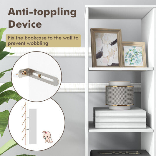 5 Tiers 4-Cube Narrow Bookshelf with 4 Anti-Tipping Kits-White - Color: White