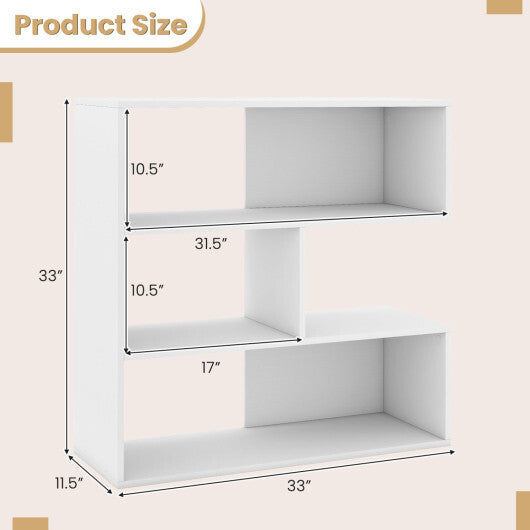 Concave Bookshelf with 3 Open Shelves & Anti-Toppling Device for Living Room-White