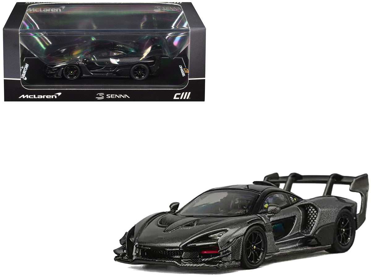 McLaren Senna GTR Dark Gray Metallic with Carbon Hood and Black Top 1/64 Diecast Model Car by CM Model