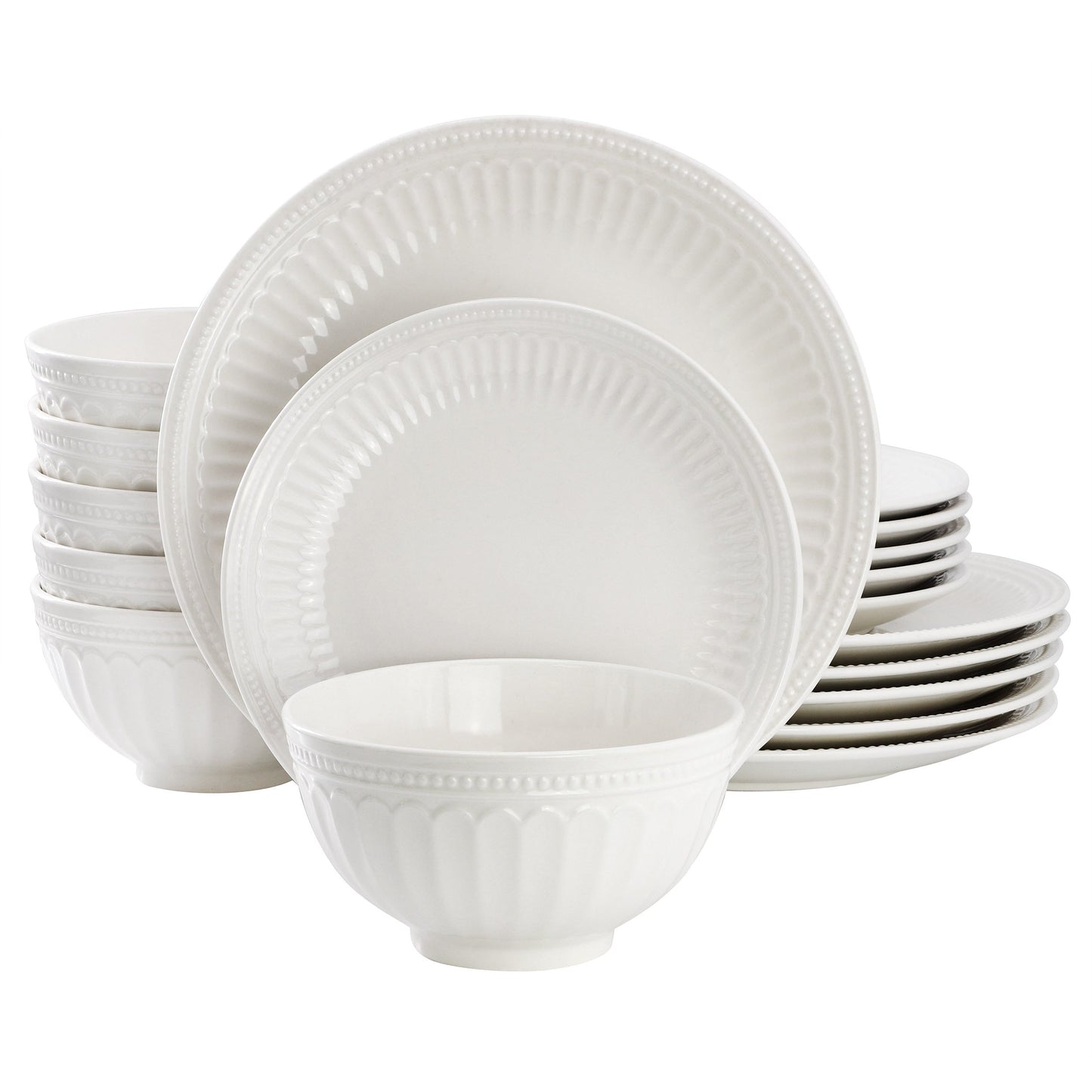 Elama Finley 18 Piece Embossed Arch Stoneware Dinnerware Set in White