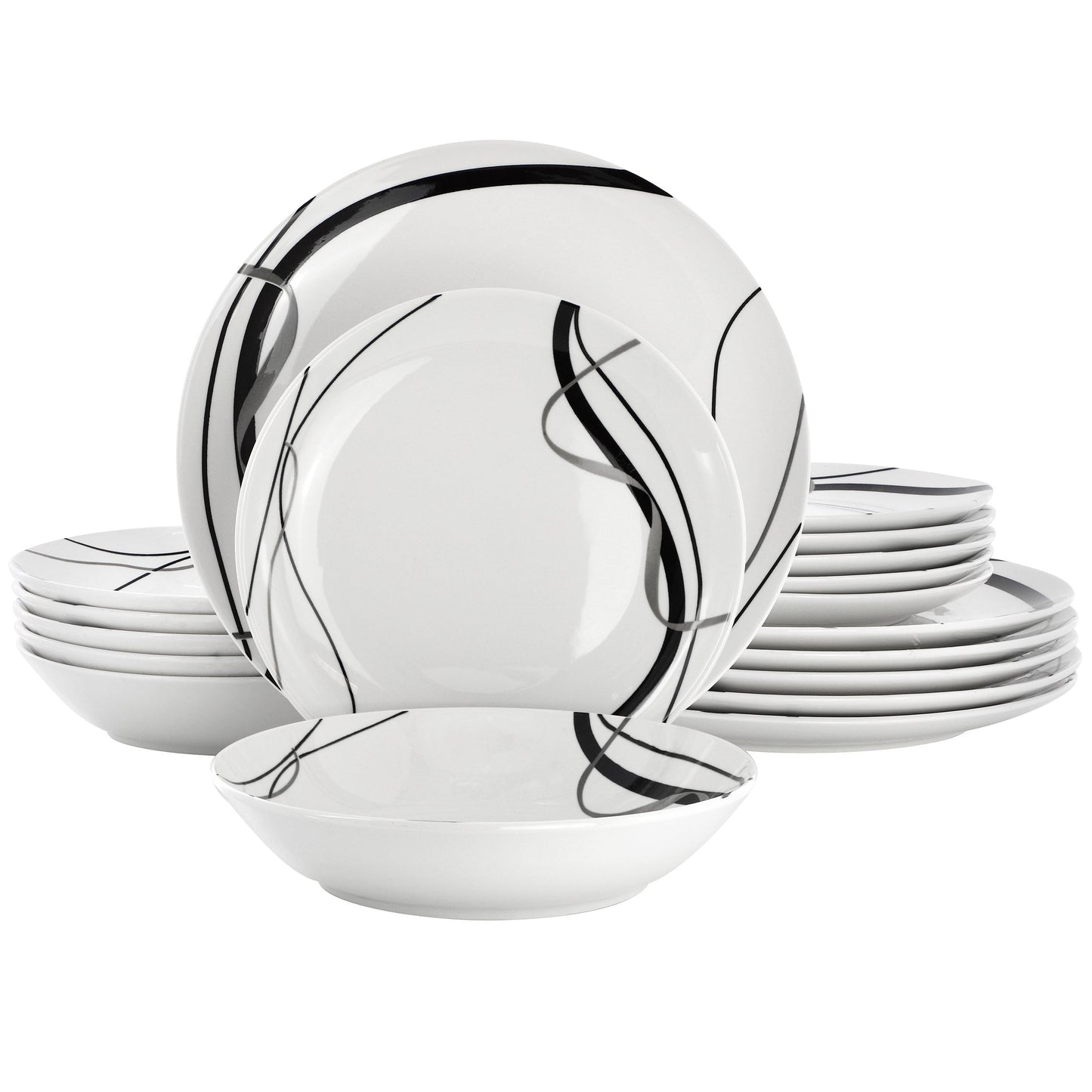 Elama Sarah 18 Piece Porcelain Black Ribbon Dinnerware Set, Service for 6 in White and Black