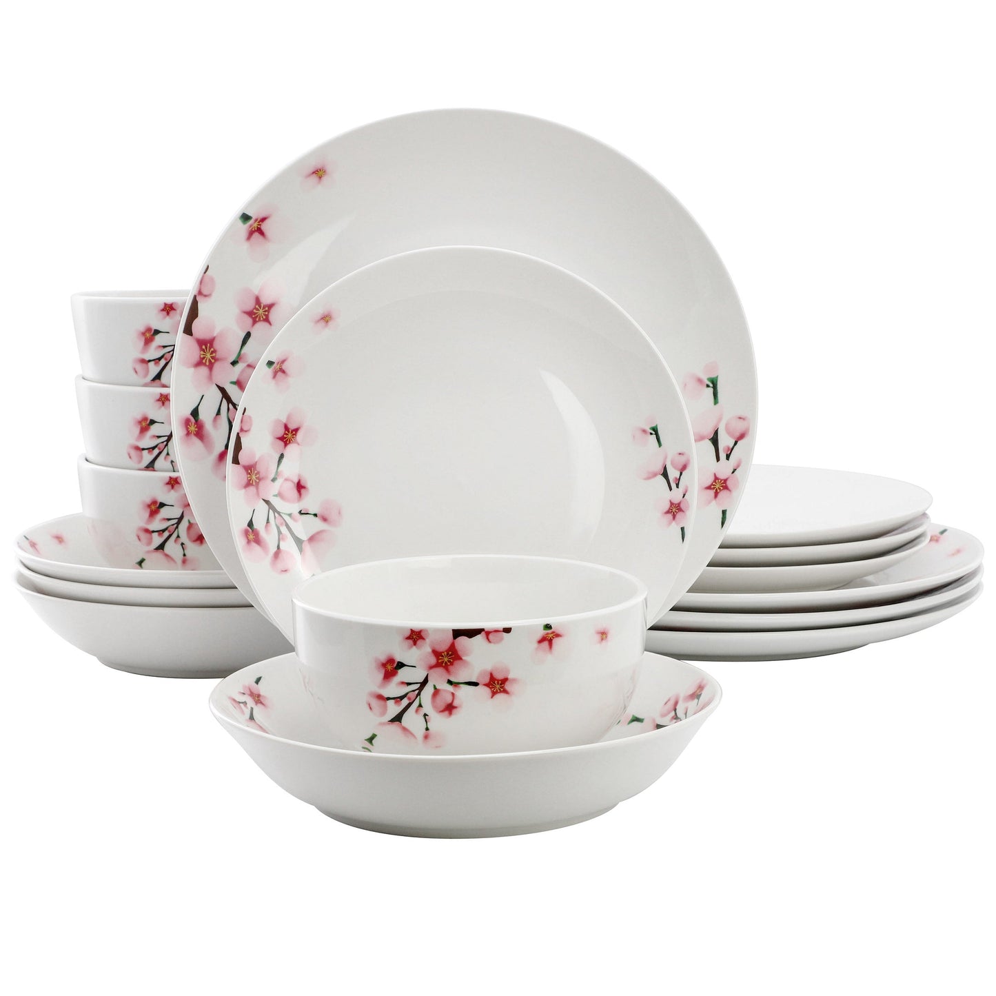 Elama Tamara 16 Piece Cherry Blossom Porcelain Double Bowl Dinnerware Set, Service for 4 in White and Pink