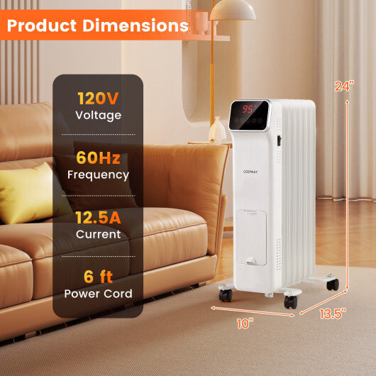 1500W Oil Filled Radiator Heater with Remote Control 3 Modes 24H Timer-Black