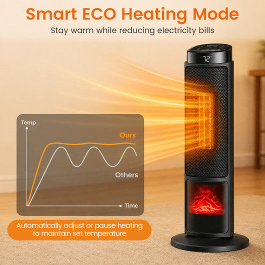 24 inch 1500W PTC Ceramic Tower Space Heater with 7-Color Flame-Black