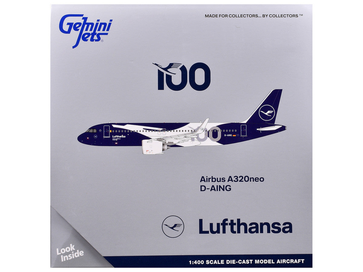 Airbus A320neo Commercial Aircraft "Lufthansa 100th Anniversary" (D-AING) White and Dark Blue 1/400 Diecast Model Airplane by GeminiJets