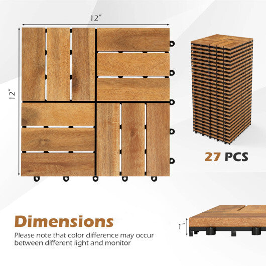 12 x 12 Inch 27 Piece Acacia Wood Interlocking Deck Tiles with Waterproof Design-Natural