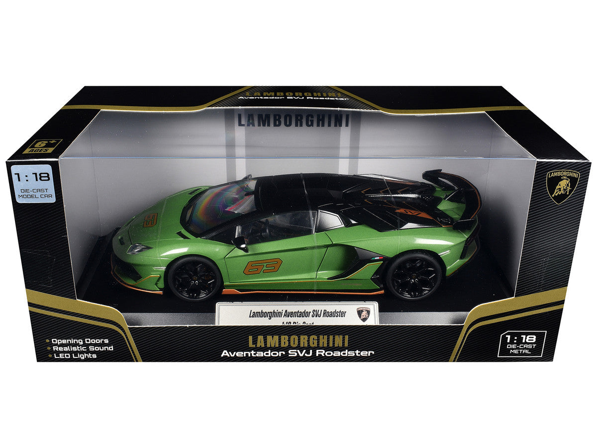 Lamborghini Aventador SVJ Roadster Green Metallic with Carbon Top and Gold Accents 1/18 Diecast Model Car by Heimanba