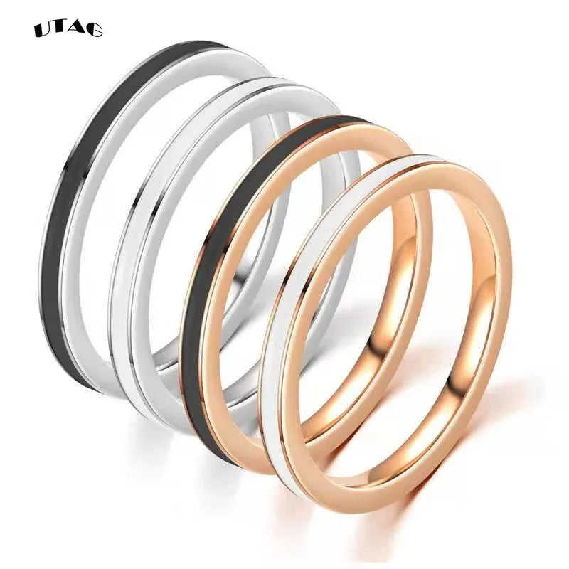 UTAG Fashion Black/White Ceramic Crystal Wedding Rings Jewelry For Women Girls Rose Gold Stainless Steel Bohemia Rin