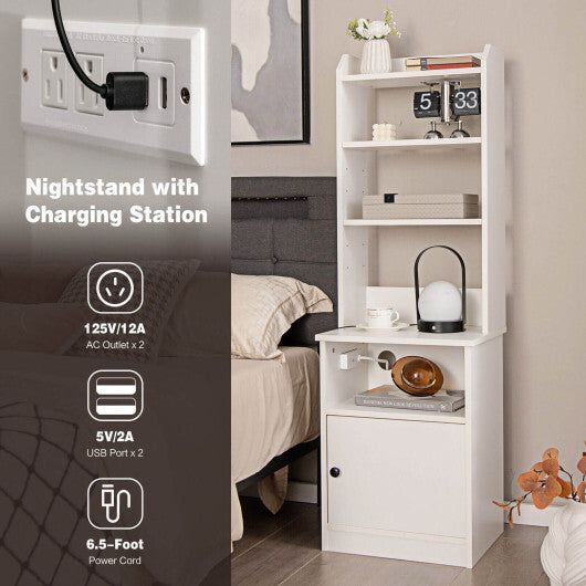 6-Tier Bookshelf Nightstand with Charging Station and Cabinet-Rustic Brown