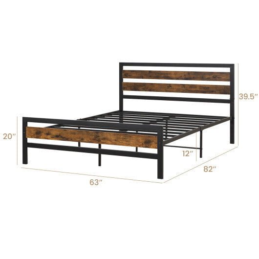 Full/Queen Industrial Bed Frame with Rustic Headboard and Footboard-Full Size
