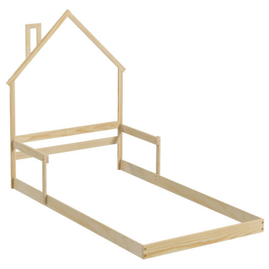 Twin Size Floor Bed with Chimney and Headboard and Handrail-Gray