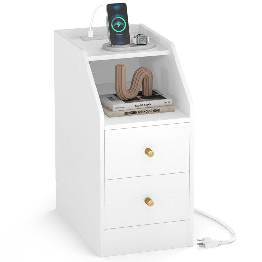 Side End Table with Charging Station Sofa Couch Table with Shelf Drawers-Walnut
