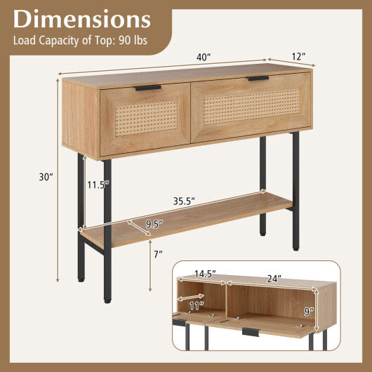 Rattan Console Table with 2 Storage Cabinets Shelf Carbon Steel Frame-Black