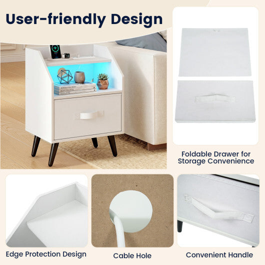 Set Of 2 Nightstands with LED Lights and Power Outlets for Living Room-White