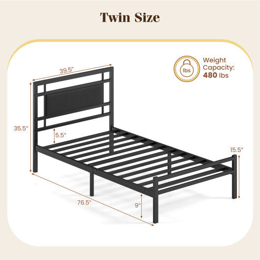 Metal Bed Frame with Upholstered Headboard-Twin Size