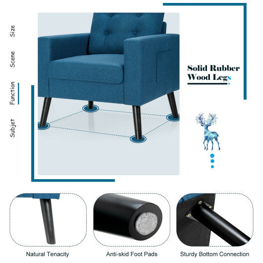 Mid-Century Upholstered Armchair Club Chair with Rubber Wood Legs-Blue - Color: Blue