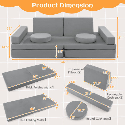 10-Piece Kids Play Couch Sofa with Portable Handle-Gray