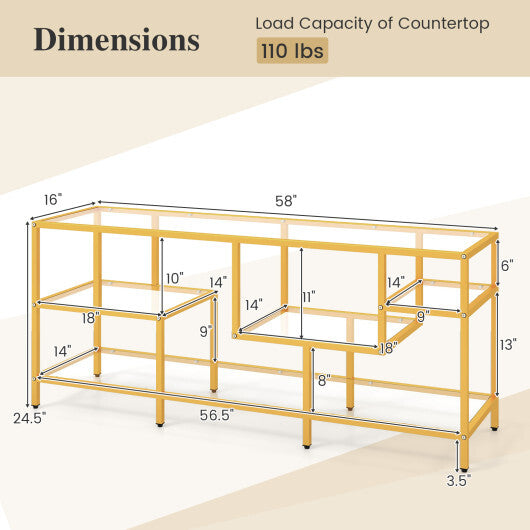 58 Inch TV Console Table with Tempered Glass Shelves for Living Room-Gold