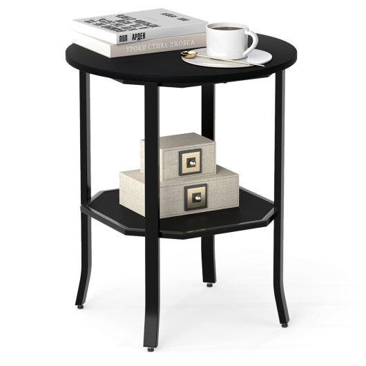 Round Side Table Small End Table with Storage Shelf 2-Tier Nightstand for Small Space-Rustic Brown