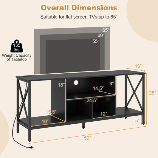 TV Stand with LED Lights for 65 Inch TV Entertainment Center with Power Outlets-Brown