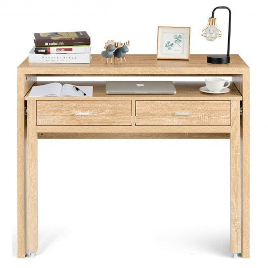Extendable Computer Desk with Pull Out Secondary Desk-Natural