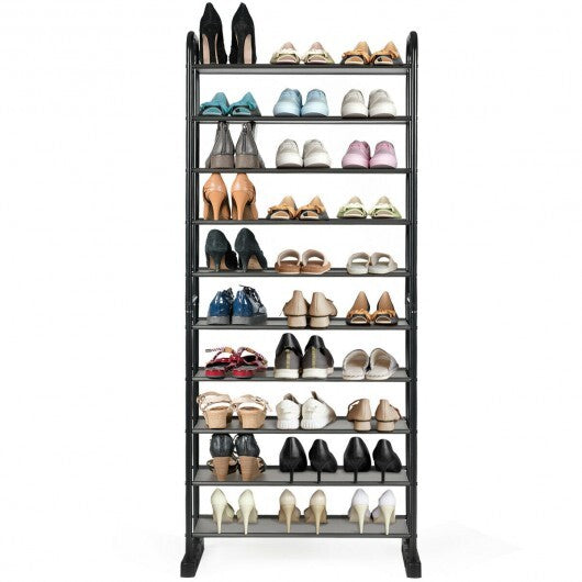 10-Tier Free-Standing Metal Frame Shoe Rack - Color: Black