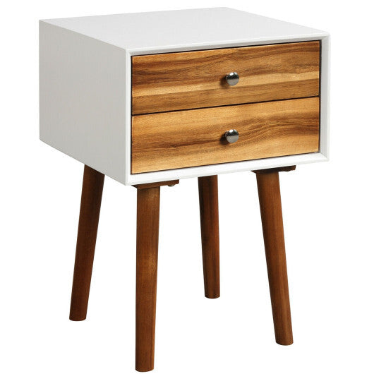 Wooden Nightstand Mid-Century End Side Table with 2 Storage Drawers-White
