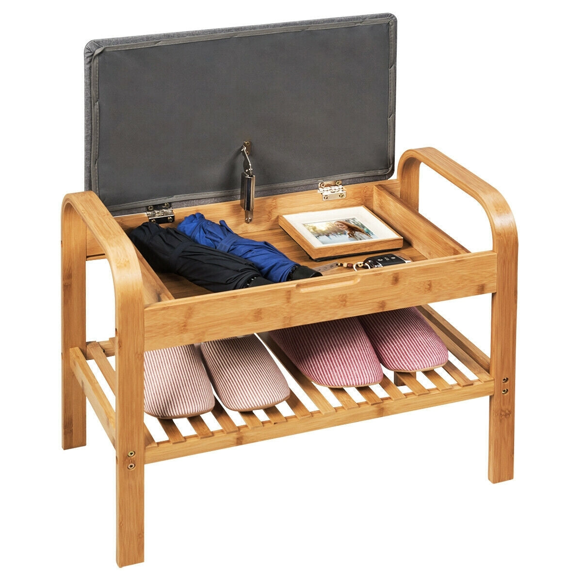 Shoe Rack Bench Bamboo with Storage Shelf-Natural - Color: Natural