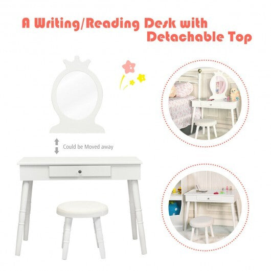 Kids Vanity Makeup Table & Chair Set Make Up Stool-White - Color: White