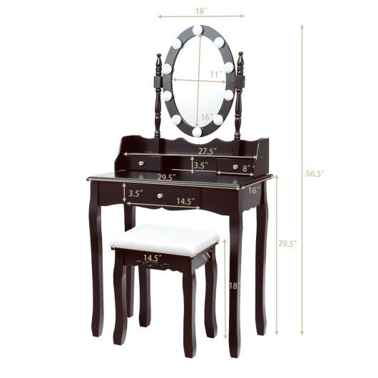 Oval Mirror Vanity Set with 10 LED Dimmable Bulbs and 3 Drawers-Brown