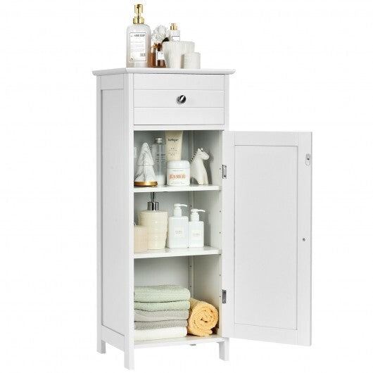Wooden Storage Free-Standing Floor Cabinet with Drawer and Shelf-White - Color: White