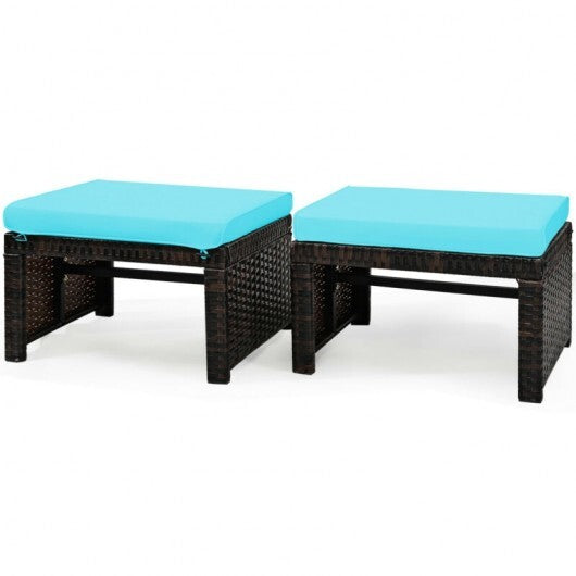 2 Pieces Patio Rattan Ottomans with Soft Cushion for Patio and Garden-Red