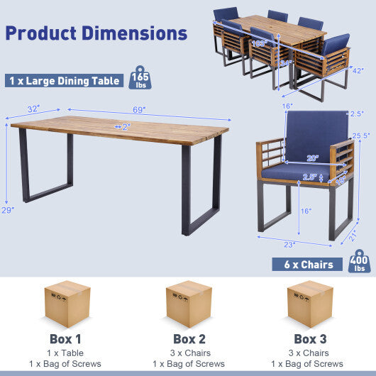 7 Pieces Patio Acacia Wood Dining Chair and Table Set for Backyard and Poolside-Navy