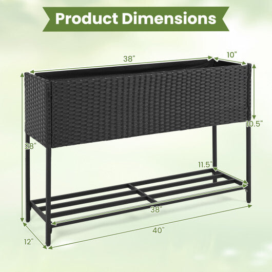 Wicker Raised Garden Bed with Storage Shelf and Drainage Gaps for Flowers