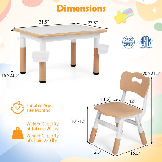 Height Adjustable Kids Table and 4 Chairs Set with Graffiti Desktop and 2 Storage Baskets-Gray