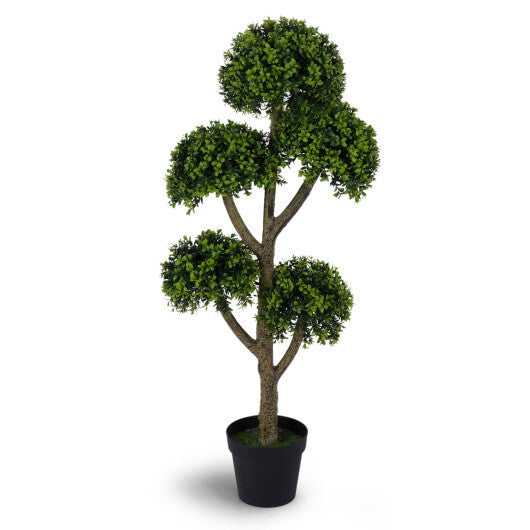 46-Inch Artificial Boxwood Topiary Tree Fake Potted Boxwood Tree with 5 Ball-Shaped Topiaries