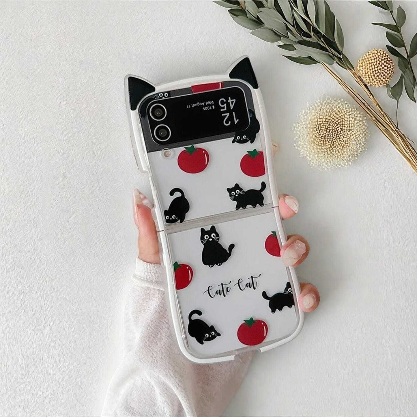 Cute Tomato Cat Phone Case with Ears for Samsung Galaxy Z Flip 3 4 5 6 - Fun Shockproof Protective Cover for Cat Lovers