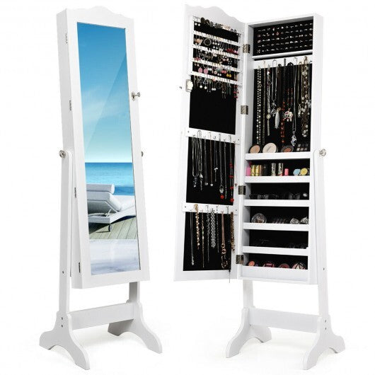 4-Angle Tilting Mirrored Lockable Jewelry Cabinet with Large Storage Capacity-White - Color: White