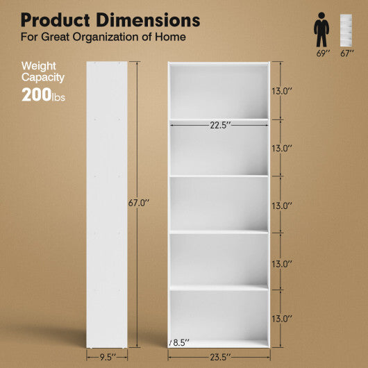 5-Shelf Storage Bookcase Modern Multi-Functional Display Cabinet-White - Color: White