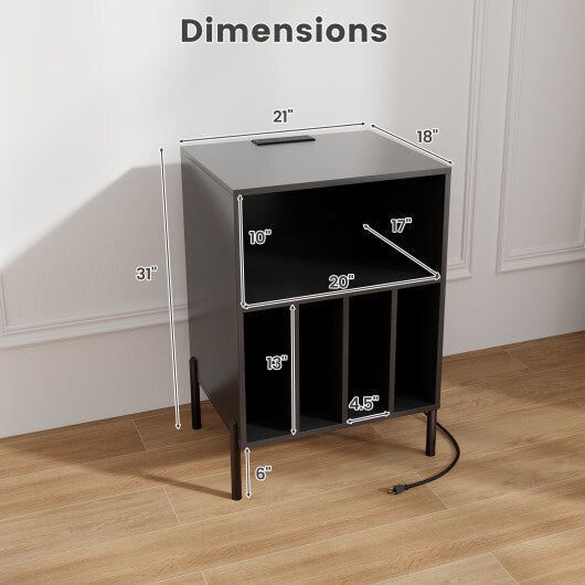 Record Player Stand with Record Storage Shelf and Charging Station-Natural